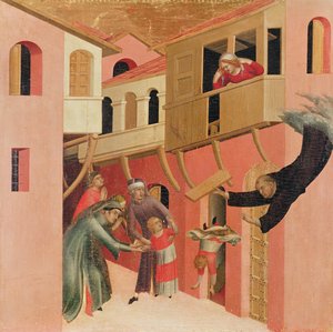 Polyptiek van de Zalige Agostino Novello en vier verhalen uit zijn leven, detail van het linker paneel van Agostino Novello die een baby redt terwijl het van een balkon valt, ca. 1328
